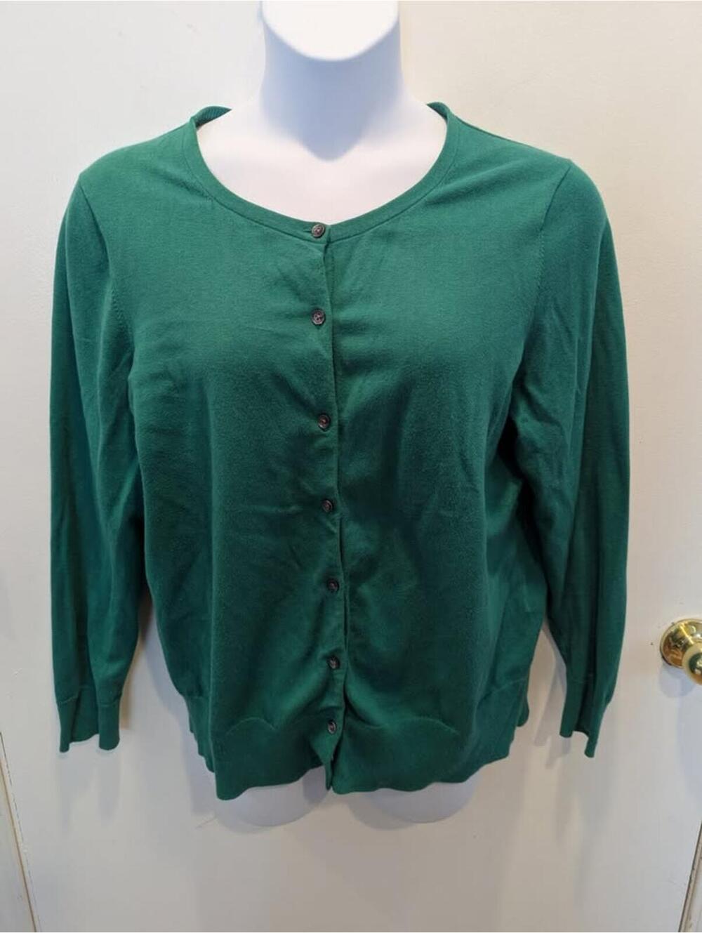 XL Lands’ End Cardigan Sweater – Green Button Up Ribbon Detail Knit Top